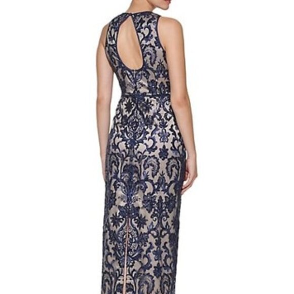 Navy Sleeveless Embroidered Sequin Gown - Picture 3 of 7